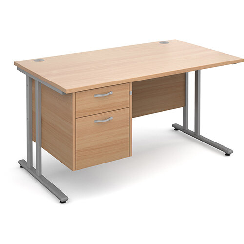 Maestro 25 SL straight desk with 2 drawer pedestal 1400mm - silver cantilever frame, beech top Maestro 25 SL straight desk with 2 drawer pedestal 1400mm - silver cantilever frame, beech top