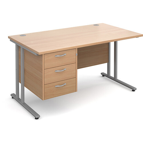 Maestro 25 SL straight desk with 3 drawer pedestal 1400mm - silver cantilever frame, beech top Maestro 25 SL straight desk with 3 drawer pedestal 1400mm - silver cantilever frame, beech top