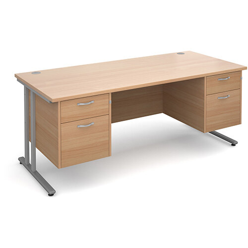 Maestro 25 SL straight desk with 2 and 2 drawer pedestals 1800mm - silver cantilever frame, beech top Maestro 25 SL straight desk with 2 and 2 drawer pedestals 1800mm - silver cantilever frame, beech top