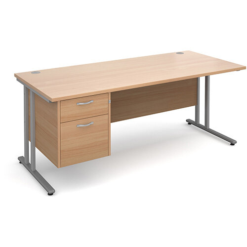 Maestro 25 SL straight desk with 2 drawer pedestal 1800mm - silver cantilever frame, beech top Maestro 25 SL straight desk with 2 drawer pedestal 1800mm - silver cantilever frame, beech top