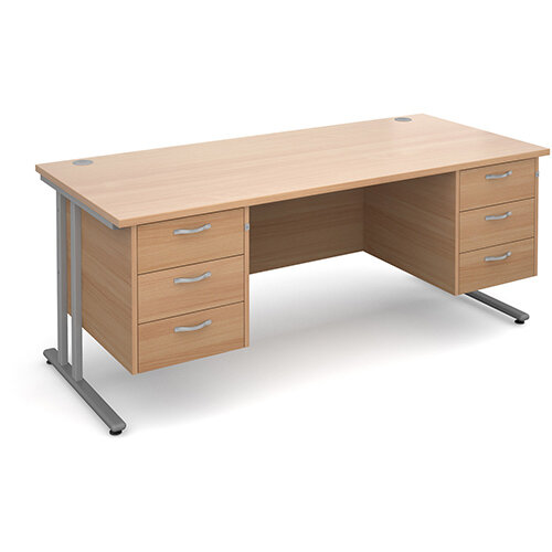 Maestro 25 SL straight desk with 3 and 3 drawer pedestals 1800mm - silver cantilever frame, beech top Maestro 25 SL straight desk with 3 and 3 drawer pedestals 1800mm - silver cantilever frame, beech top