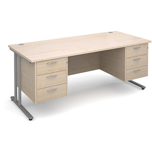 Maestro 25 SL straight desk with 3 and 3 drawer pedestals 1800mm - silver cantilever frame, maple top Maestro 25 SL straight desk with 3 and 3 drawer pedestals 1800mm - silver cantilever frame, maple top