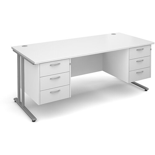 Maestro 25 SL straight desk with 3 and 3 drawer pedestals 1800mm - silver cantilever frame, white top