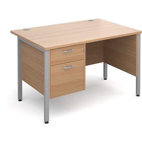 Maestro 25 SL straight desk with 2 drawer pedestal 1200mm - silver H-Frame, beech top Maestro 25 SL straight desk with 2 drawer pedestal 1200mm - silver H-Frame, beech top