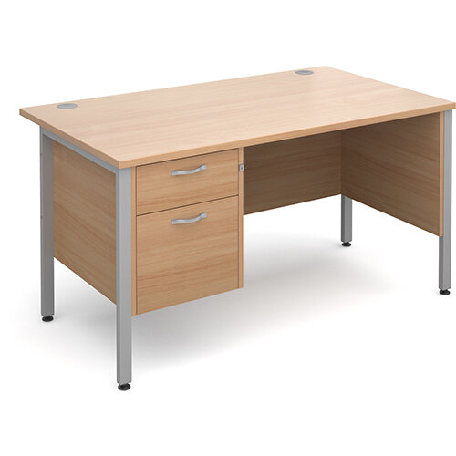 Maestro 25 SL straight desk with 2 drawer pedestal 1400mm - silver H-Frame, beech top Maestro 25 SL straight desk with 2 drawer pedestal 1400mm - silver H-Frame, beech top