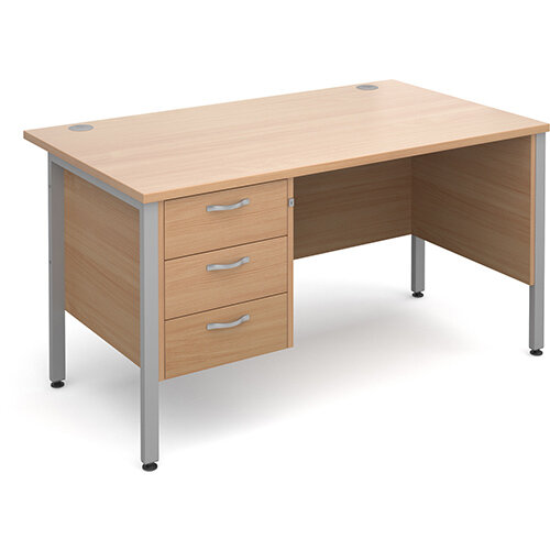 Maestro 25 SL straight desk with 3 drawer pedestal 1400mm - silver H-Frame, beech top