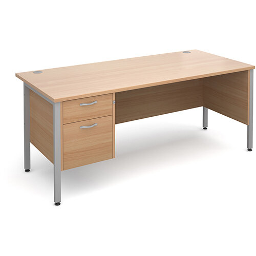 Maestro 25 SL straight desk with 2 drawer pedestal 1800mm - silver H-Frame, beech top Maestro 25 SL straight desk with 2 drawer pedestal 1800mm - silver H-Frame, beech top