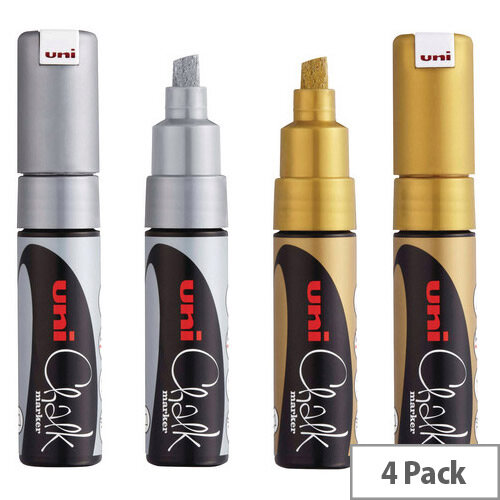 Uni Chalk Marker PWE-8K Chisel Tip Silver and Gold Pack of 4 153544895 Uni Chalk Marker PWE-8K Chisel Tip Silver and Gold Pack of 4 153544895