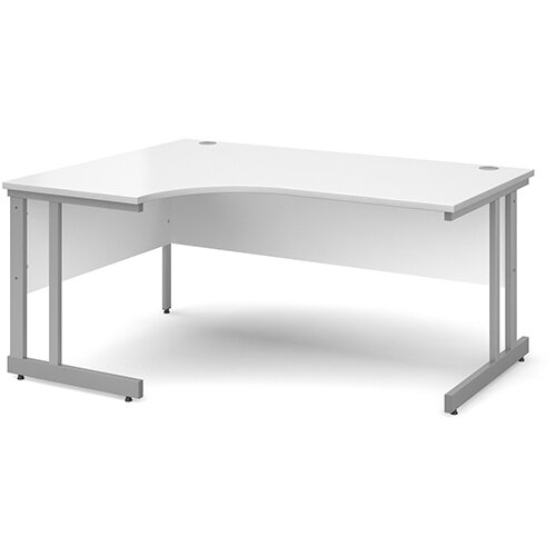 Momento left hand ergonomic desk 1600mm - silver cantilever frame, white top