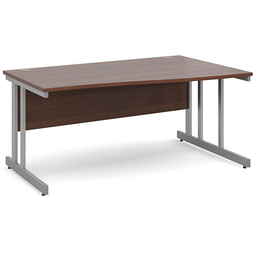 Momento right hand wave desk 1600mm - silver cantilever frame, walnut top