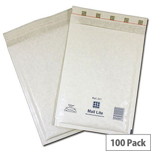 Mail Lite Bubble Lined Size D/1 180x260mm White Postal Bags Pack of 100