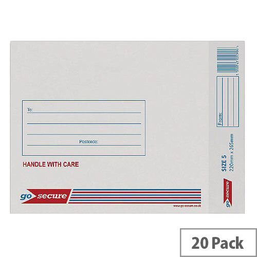 Go Secure Bubble Lined Envelope Size 5 220x265mm White Pack of 20 PB02132 Go Secure Bubble Lined Envelope Size 5 220x265mm White Pack of 20 PB02132