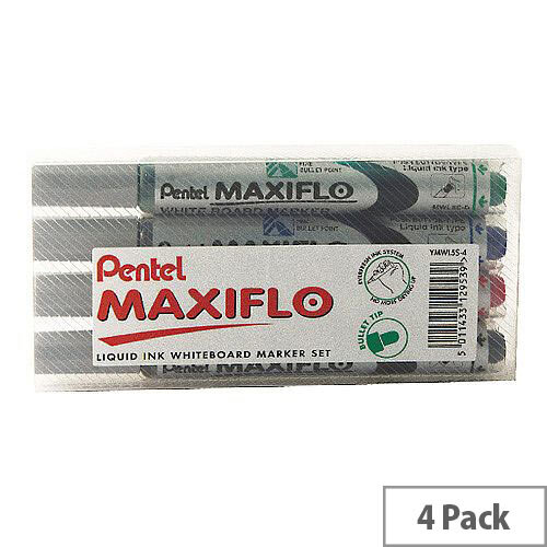 Pentel Maxiflo Whiteboard Marker Fine Bullet Tip Hanging Pack Assorted Pack of 4 YMWL5S-4