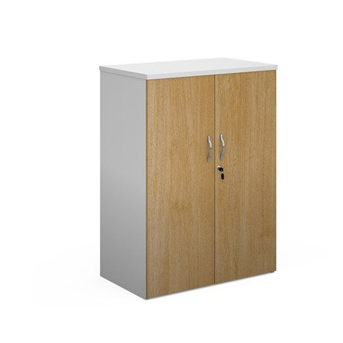 Duo Double Door Cupboard 1090Mm High With 2 Shelves - White With Oak Doors Duo Double Door Cupboard 1090Mm High With 2 Shelves - White With Oak Doors