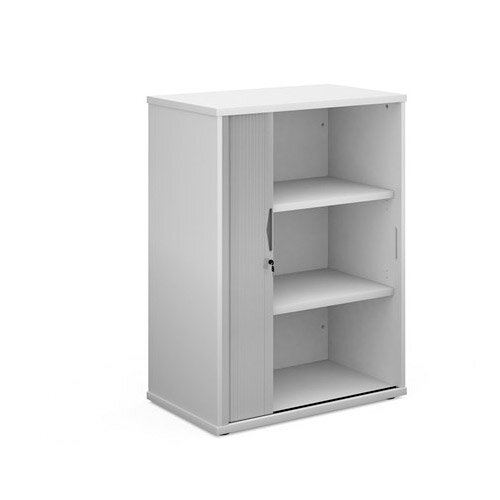 Universal Single Door Tambour Cupboard With 2 Shelves W800xD470xH1090mm White With Silver Door