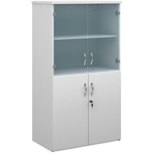 Universal combination unit with glass upper doors 1440mm high with 3 shelves - white with walnut lower doors Universal combination unit with glass upper doors 1440mm high with 3 shelves - white with walnut lower doors