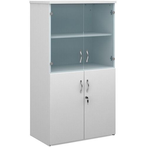 Universal combination unit with glass upper doors 1440mm high with 3 shelves - white Universal combination unit with glass upper doors 1440mm high with 3 shelves - white