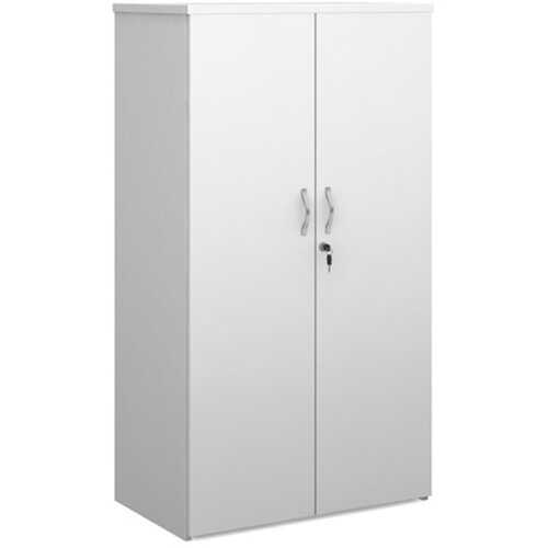 Universal double door cupboard 1440mm high with 3 shelves - white with walnut doors Universal double door cupboard 1440mm high with 3 shelves - white with walnut doors