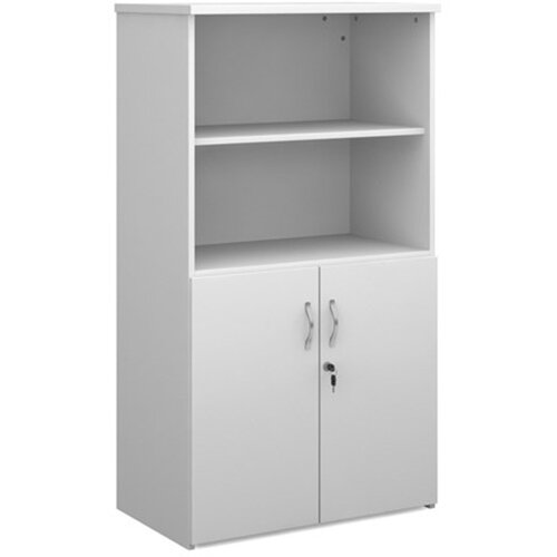 Universal combination unit with open top 1440mm high with 3 shelves - white with walnut lower doors Universal combination unit with open top 1440mm high with 3 shelves - white with walnut lower doors