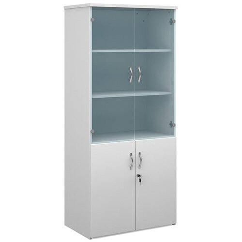 Universal Combination Unit With Glass Upper Doors & 4 Shelves W800xD470xH1790mm White With Walnut Lower Doors