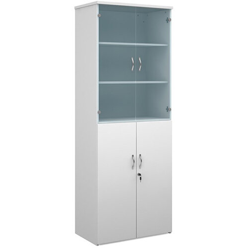 Universal combination unit with glass upper doors 2140mm high with 5 shelves - white with walnut lower doors Universal combination unit with glass upper doors 2140mm high with 5 shelves - white with walnut lower doors