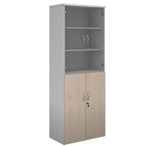 Duo Combination Unit With Glass Upper Doors 2140Mm High With 5 Shelves - White With Maple Lower Doors Duo Combination Unit With Glass Upper Doors 2140Mm High With 5 Shelves - White With Maple Lower Doors