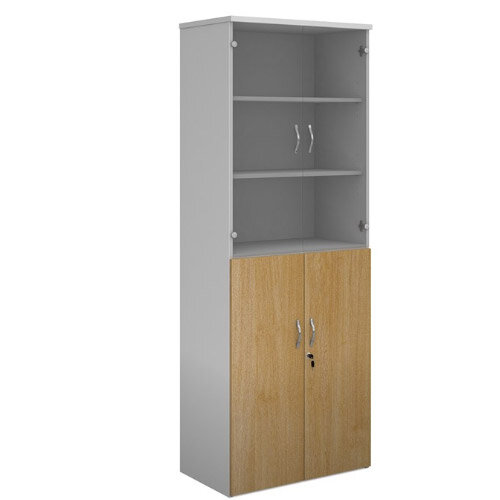 Duo Combination Unit With Glass Upper Doors 2140Mm High With 5 Shelves - White With Oak Lower Doors Duo Combination Unit With Glass Upper Doors 2140Mm High With 5 Shelves - White With Oak Lower Doors