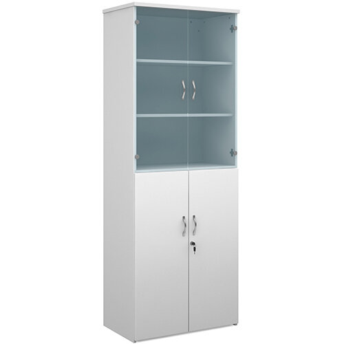 Universal combination unit with glass upper doors 2140mm high with 5 shelves - white Universal combination unit with glass upper doors 2140mm high with 5 shelves - white