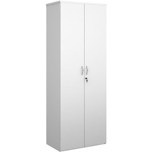 Universal double door cupboard 2140mm high with 5 shelves - white with walnut doors Universal double door cupboard 2140mm high with 5 shelves - white with walnut doors
