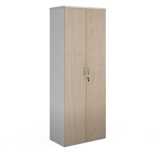 Duo Double Door Cupboard 2140Mm High With 5 Shelves - White With Maple Doors Duo Double Door Cupboard 2140Mm High With 5 Shelves - White With Maple Doors