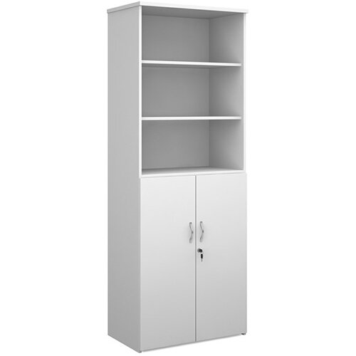 Universal combination unit with open top 2140mm high with 5 shelves - white with walnut lower doors Universal combination unit with open top 2140mm high with 5 shelves - white with walnut lower doors