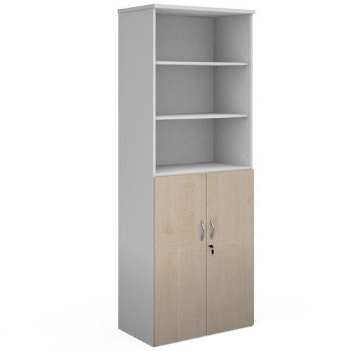 Duo Combination Unit With Open Top 2140Mm High With 5 Shelves - White With Maple Lower Doors Duo Combination Unit With Open Top 2140Mm High With 5 Shelves - White With Maple Lower Doors