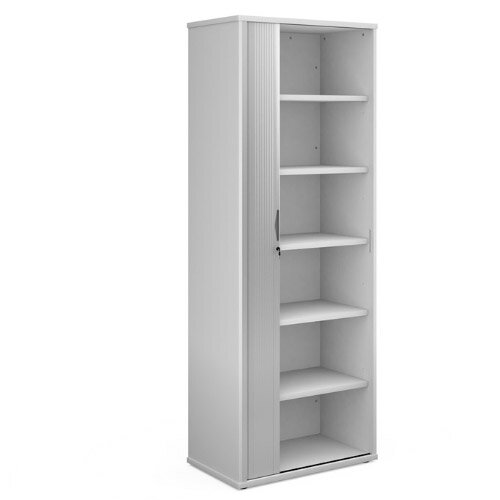 Universal Single Door Tambour Cupboard With 5 Shelves W800xD470xH2140mm White With Silver Door