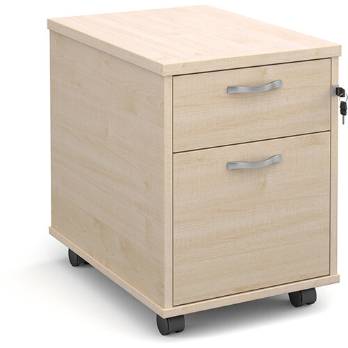 Mobile 2 drawer pedestal with silver handles 600mm deep - maple