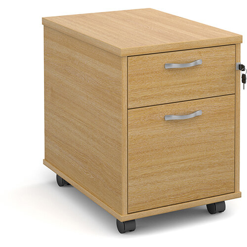 Mobile 2 drawer pedestal with silver handles 600mm deep - oak