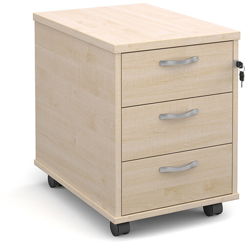 Mobile 3 drawer pedestal with silver handles 600mm deep - maple