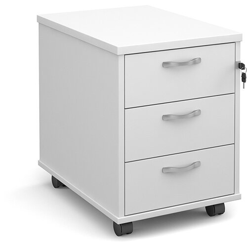 Mobile 3 drawer pedestal with silver handles 600mm deep - white