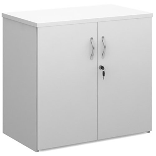 Universal double door cupboard 740mm high with 1 shelf - white with walnut doors Universal double door cupboard 740mm high with 1 shelf - white with walnut doors