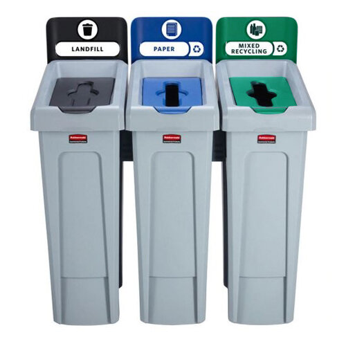 Rubbermaid Slim Jim Recycling Station Bundle 3 Stream Landfill (Black) & Paper (Blue) & Mixed Recycling (Green)