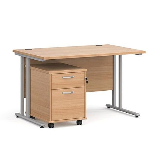 Maestro 25 SL straight desk 1200mm x 800mm with silver cantilever frame and 2 drawer pedestal - beech Maestro 25 SL straight desk 1200mm x 800mm with silver cantilever frame and 2 drawer pedestal - beech