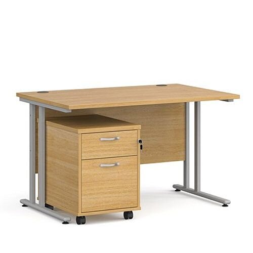 Maestro 25 SL straight desk 1200mm x 800mm with silver cantilever frame and 2 drawer pedestal - oak Maestro 25 SL straight desk 1200mm x 800mm with silver cantilever frame and 2 drawer pedestal - oak