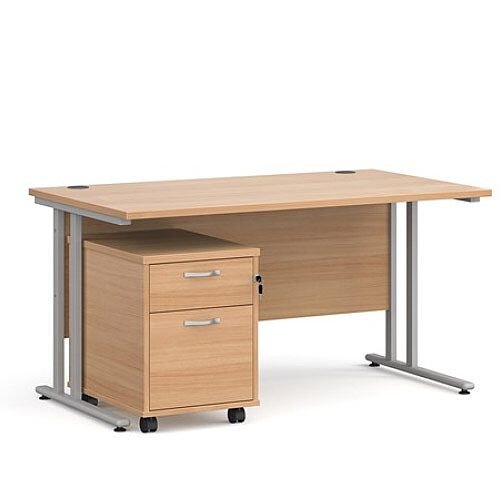 Maestro 25 SL straight desk 1400mm x 800mm with silver cantilever frame and 2 drawer pedestal - beech Maestro 25 SL straight desk 1400mm x 800mm with silver cantilever frame and 2 drawer pedestal - beech