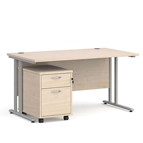 Maestro 25 SL straight desk 1400mm x 800mm with silver cantilever frame and 2 drawer pedestal - maple Maestro 25 SL straight desk 1400mm x 800mm with silver cantilever frame and 2 drawer pedestal - maple