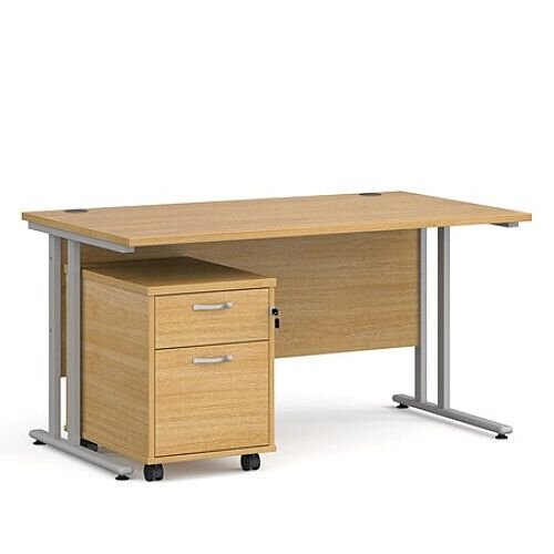Maestro 25 SL straight desk 1400mm x 800mm with silver cantilever frame and 2 drawer pedestal - oak Maestro 25 SL straight desk 1400mm x 800mm with silver cantilever frame and 2 drawer pedestal - oak