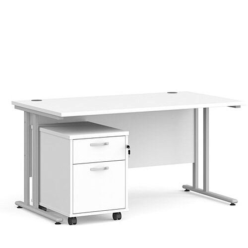 Maestro 25 SL straight desk 1400mm x 800mm with silver cantilever frame and 2 drawer pedestal - white Maestro 25 SL straight desk 1400mm x 800mm with silver cantilever frame and 2 drawer pedestal - white