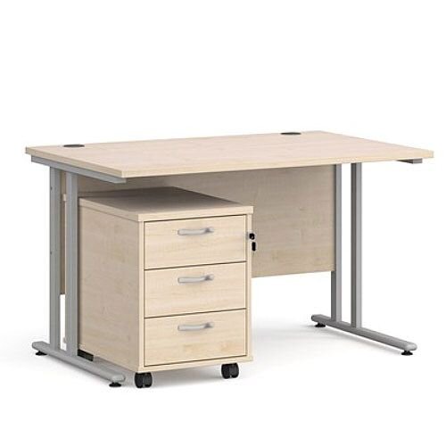 Maestro 25 SL straight desk 1200mm x 800mm with silver cantilever frame and 3 drawer pedestal - maple Maestro 25 SL straight desk 1200mm x 800mm with silver cantilever frame and 3 drawer pedestal - maple