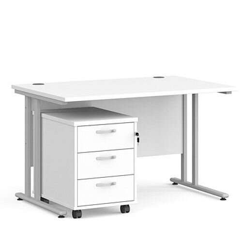 Maestro 25 SL straight desk 1200mm x 800mm with silver cantilever frame and 3 drawer pedestal - white