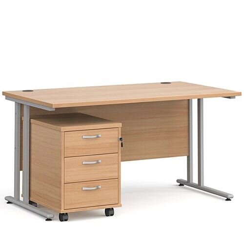 Maestro 25 SL straight desk 1400mm x 800mm with silver cantilever frame and 3 drawer pedestal - beech Maestro 25 SL straight desk 1400mm x 800mm with silver cantilever frame and 3 drawer pedestal - beech