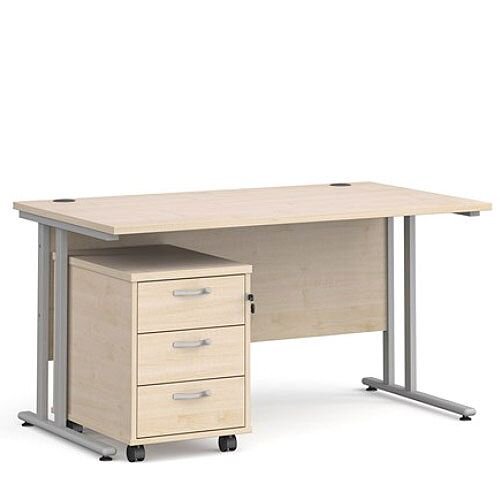 Maestro 25 SL straight desk 1400mm x 800mm with silver cantilever frame and 3 drawer pedestal - maple Maestro 25 SL straight desk 1400mm x 800mm with silver cantilever frame and 3 drawer pedestal - maple