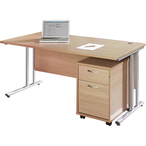 Maestro 25 WL straight desk 1200mm x 800mm with white cantilever frame and 2 drawer pedestal - beech